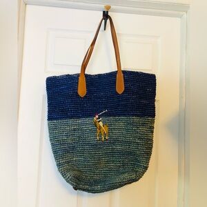 Ralph Lauren Raffia North South Blue Tote Bag